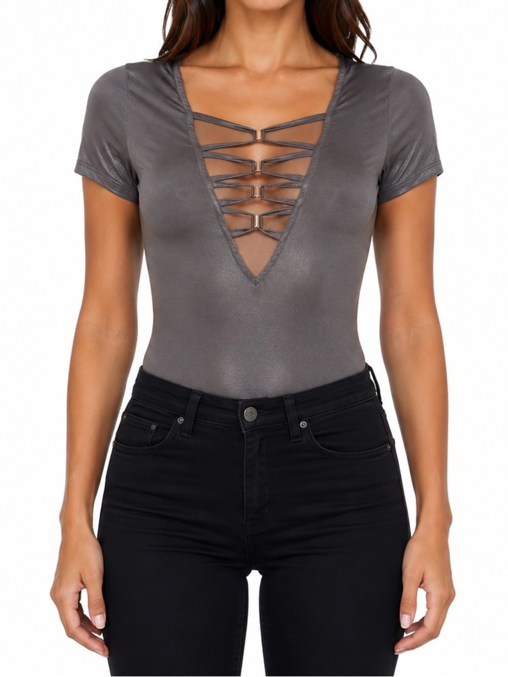 Love J Gray V Neck Strappy Cage Bodysuit Size M